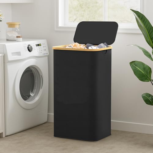 Chrislley 70 L Slim Laundry Basket with Lid, Foldable Laundry Hamper with 2 Removable Inner Bags & Bamboo Handles - Image 4