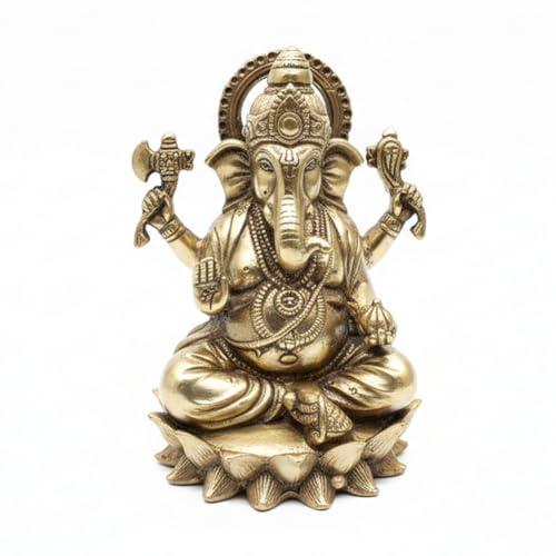 Image of eCraftIndia Golden Brass Blessing Lord Ganesha Idol Sitting on Lotus Flower | Decorative Ganpati Murti for Home Decor, Pooja Room & Gift