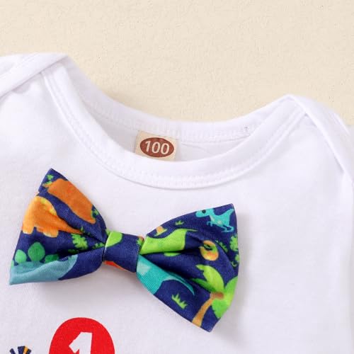 Baby Boy 1st Birthday Clothes Bow Tie Dinosaur Romper Pants Set Adjustable Y Back Suspenders Cake Smash Outfits4