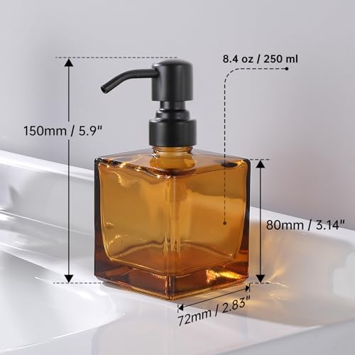 Image of Square Bathroom Soap Dispenser Amber Bottle with Black Pump, Retangle Cube 8.4 oz Glass Bottles with Stainless Steel Pump Hand Liquid Soap Dispenser Kitchen