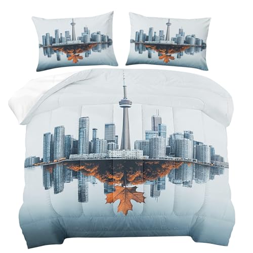 Cityscape Comforter Set California King Size, Toronto Maple Leaves Bedding 3 Pieces, Soft Fluffy Lightweight Microfiber with 1 Comforter and 2 Pillow Shams for All Season, Cozy Bed Set for Bedroom