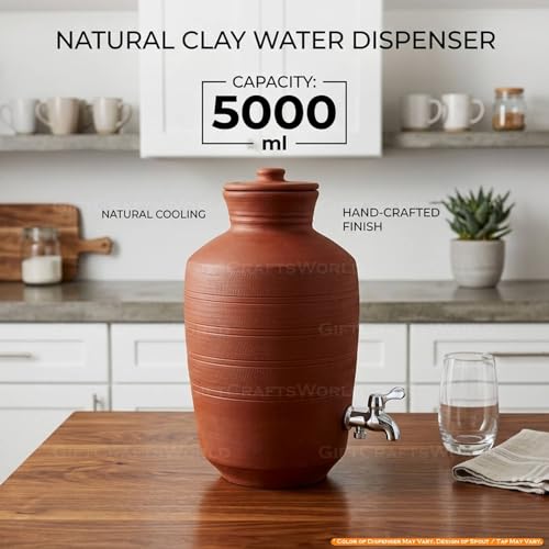 Image of Terracotta Clay Water Dispenser with Tap and Lid - Mitti Ka Ghada for Water Cooling, Eco Friendly Earthen Pot, Traditional Home Kitchen Drinkware Storage Container (5 Liters)