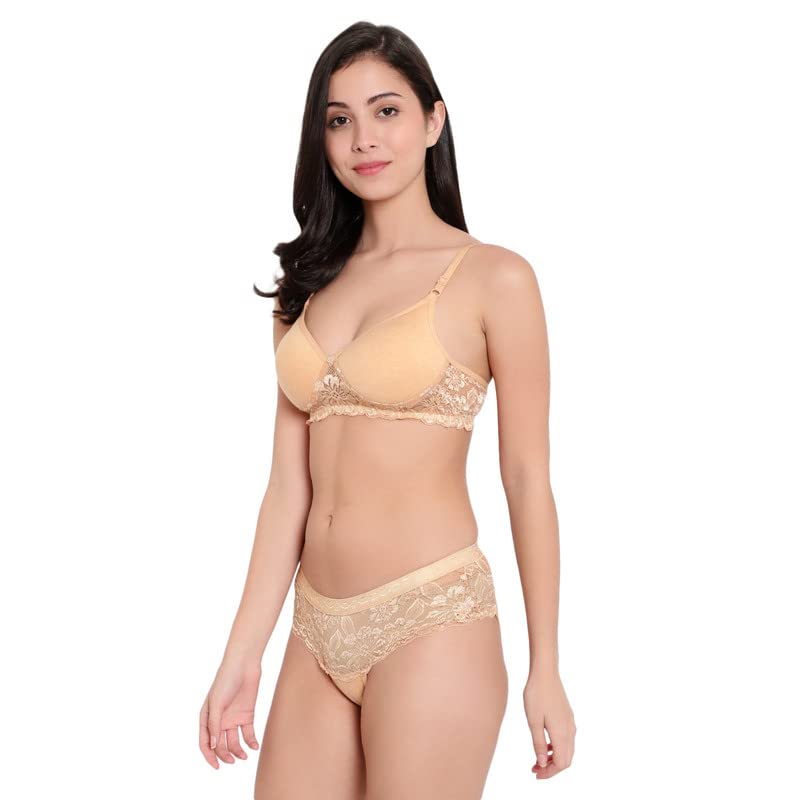 Image of Women Cotton Lace Bra and Panty Set | Bra Panty Set Non-Padded Wire Free | Bra Panty Full Coverage for Women. || Cup - B