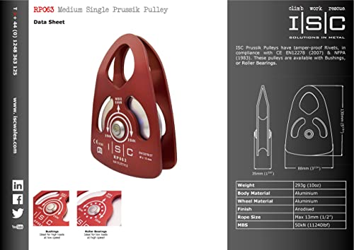 ISC 50kN MBS Medium Single Prussik Minding Aluminium Rigging Pulley (max 13mm rope), RED | BUSHINGS - Image 2