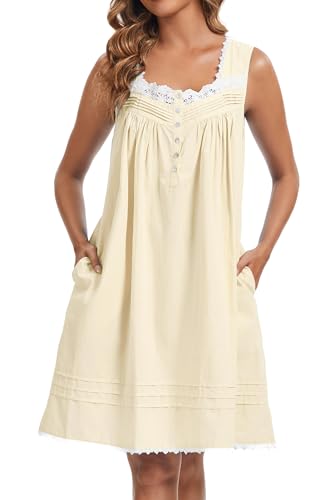 Image of AVIIER 100% Cotton Nightgowns for Women Sleeveless Night Gown with Pockets