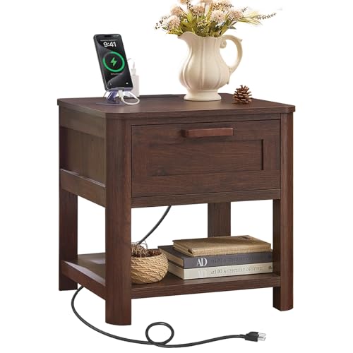 Image of Joaxswe Farmhouse Side Tables Living Room, Small Nightstand with 1 Drawers & Open Shelving & 4 Thickened Table Legs, Walnut