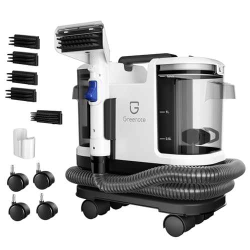 Greenote Limpiador de Alfombras 600W,4 Ruedas Giratorias para Máxima Maniobrabilidad, Almacenamiento Compacto,Autolimpieza de Manguera,Potente Aspiración,Depósitos 1,8L/0,8L, Manguera 1,5m y Cable 5m