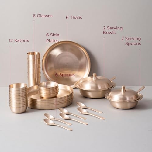 Image of Luxury 40-Piece Matte Finish Kansa Dinner Set Featuring Premium Brushed Bronze Plates, Bowls, Tumblers, Lidded Servers, and Spoons