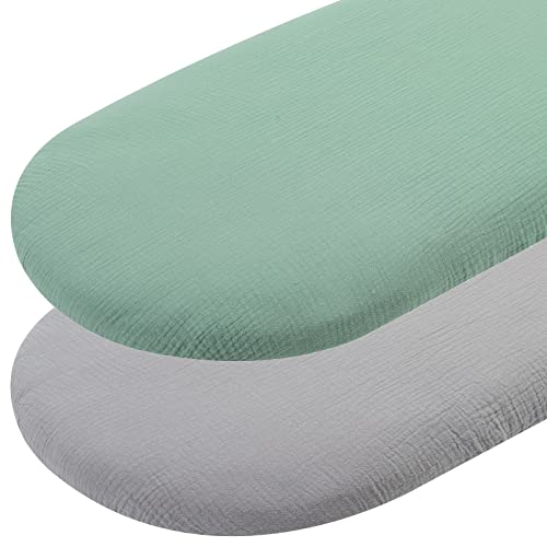 Muslin Bassinet Sheets 2 Pack Set For Baby Boy And Girl, 100% Muslin Cotton Fitted Sheet For Oval Hourglass And Rectangular Bassinet Mattress, Grey And Green #TOP11