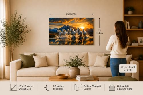Image of 7 Horse Vastu Sunrise Canvas Painting | Positive Energy Wall Decor | Big Size Premium Running Horses Artwork for Home, Office & Hall Decoration (Modern, Hills White, 26x18 Inch)