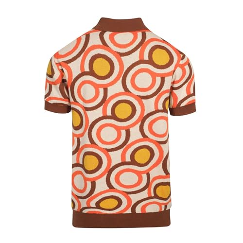 Men's Knitted Vintage Poloshirt, 1960s Mod Style Retro Irregular Round Polo Shirt with Button Beige Brown2