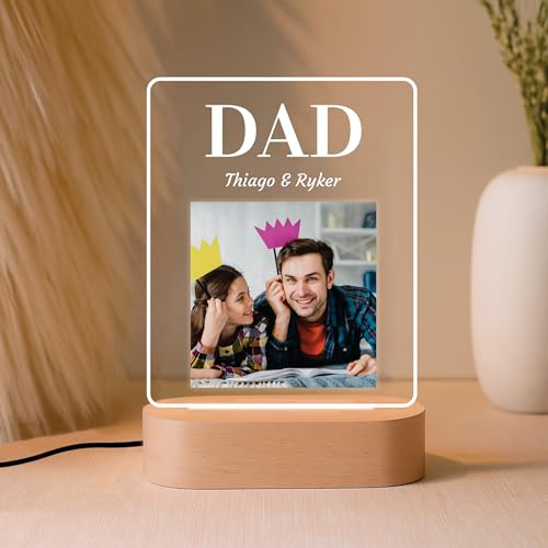 Image of Giftplease Personalized LED Photo Frame for Dad | Custom Name & Single Picture Wooden Engraved Light | Father's Day Present for Papa Father Daddy | Unique Birthday Surprise Tabletop Decor Lamp
