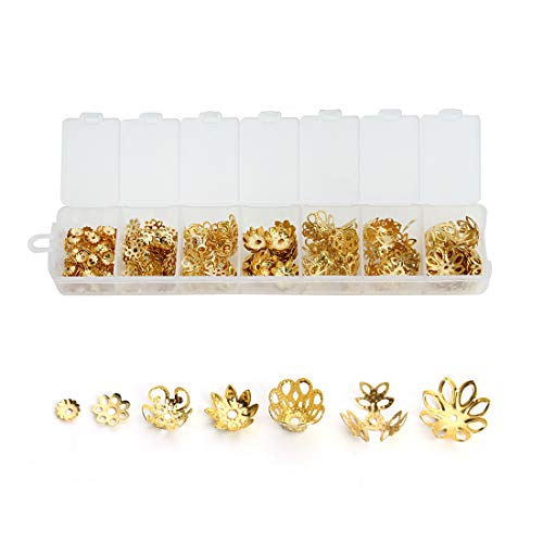 Forise 430pcs Hollow Flower End Caps Alloy Beads Spacers Fit Making Charm Bracelet Necklace 6/7/10/11/11.5/13/14mm (Gold)