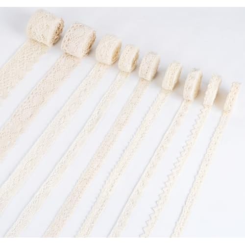 27 Yards Beige Lace Ribbon, Cotton Lace Trim, 9 Styles Lace Trim for Sewing, Vintage Boho Ribbon for DIY Sewing Craft Wedding Decoration Christmas Package, 3 Yards Each Beige 27 Yards