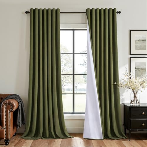 100% Blackout Olive Green Curtains 84 inch Long for Living Room Soft Velvet Liner Back Tab Thermal Insulated Drapes Room Darkening Soundproof Forest Green Curtain for Bedroom Home Decorative,W52