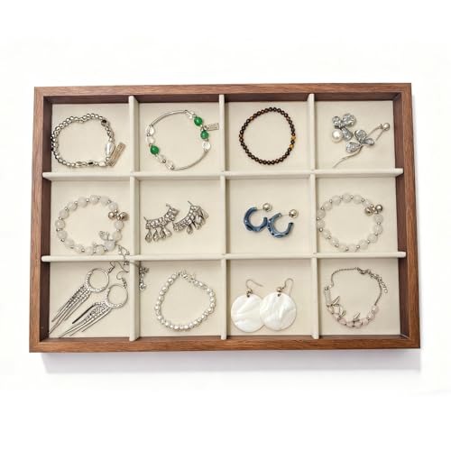 HOUKANWE Large Jewelry Trays for Drawers Stackable Velvet Jewelry Display for Vendors Jewelry Drawer Organizer Inserts for Rings Necklace Bracelets Earrings and Studs Earrings (Beige, 12 Grid)