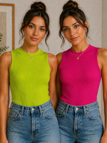 Image of Toochki Tops for Women Crop Top for Women's Tank Activewear Tee Casual Sports Cotton High Neck Camisole Pack of Two (2)