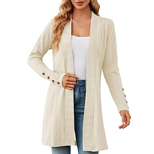 Cárdigan para mujer largo, casual cardigan mujer mediados de largo liso con botones de mujer otoño manga larga chaqueta fina ligera elegante abrigo de punto cálido, beige, M