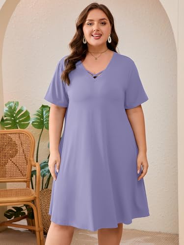 Image of AusLook Plus Size Midi Dress for Women Short Sleeve V Neck Criss Cross A Line Summer Casual Vacation Sundresses with Pockets