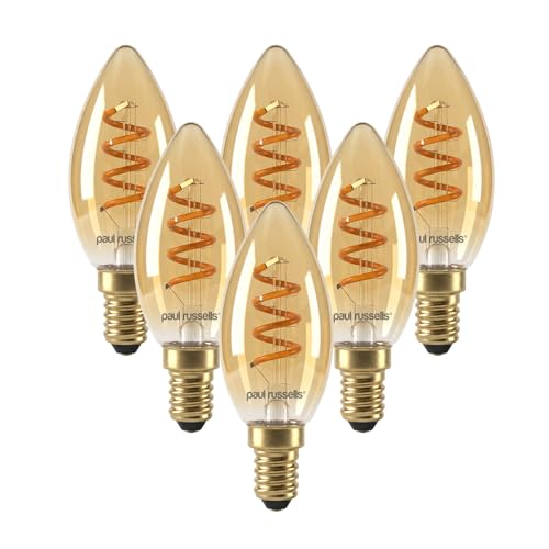 Image of paul russells Dimmable Spiral LED Filament Small Edison Screw Candle Bulb, E14 2.5W (15W Equivalent) - 135LM, 1800K Extra Warm Vintage SES Amber Light, Decorative C35 Chandelier Lamp – Pack of 6