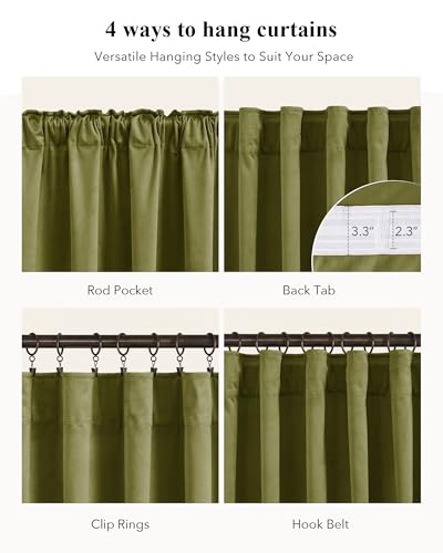 Image of Olive Green Velvet Luxury Drapes for Living Room, W52 x L100, 2 Pcs | Christmas Holiday Decor, 300GSM Heavy Soft Velvet, UV Protection, Heat Insulated, Privacy, Back Tab for Bedroom, Living Room