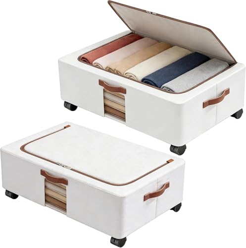 Under Bed Storage Organizer 2 Pack Large Foldable Underbed Drawer with Wheels and Handle Side Clear Zipper Lids Waterproof Storage Bin Shoes Clothes Container for Bedroom Home