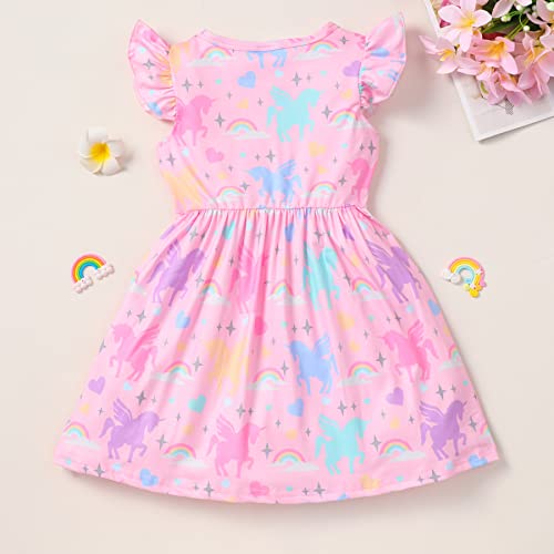 Summer Dress For Girls Baby Pink Unicorn Dresses Birthday Party Ruffle Sleeve Sundress Kids Rainbow Summer Clothes 8T,7-8 Years #TOP2