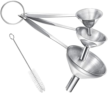 Small Funnels for Filling Bottles, 3 Pcs Stainless Steel Kitchen Funnel Set with Long Handle, Food Grade Mini Metal Funnel for Transferring Oil Liquid, Easy Cleaning with a Brush