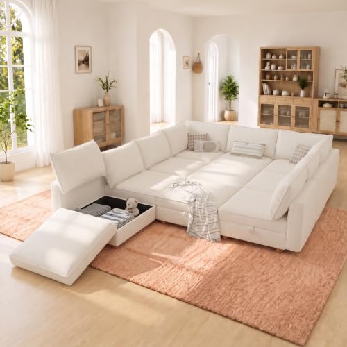 Image of 99 inch Chenille Modular Sofa Bed with Washable Covers & Storage, 10-Seater Modular Sectional Sleeper Sofa Bed with Movable Ottoman Chaise, Convertible Sleeper Sectional Couches for Living Room, Beige