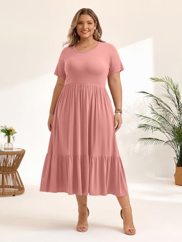 Image of LARACE Plus Size Dresses for Women Summer Casual Short Sleeve Long Dress Flowy Maxi Beach Dresses with Pockets L-6XL