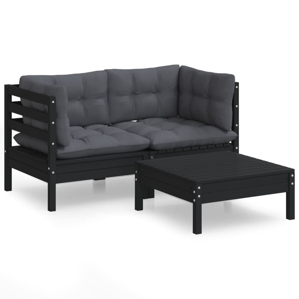 Salon de jardin 3 pièces avec coussins anthracite en pin pour jardin, terrasse, extérieur, balcon