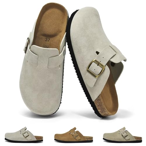 Wizshoe Zuecos y Mules para Mujer Pantuflas con Plantilla de Corcho Zapatillas de Jardín Cómodas Sandalias con Hebilla Ajustables Mules Cerradas Zapatillas Casa Antideslizante Gris 41EU