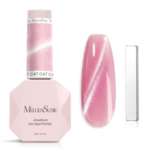 Image of MelodySusie Jeweliver Cat Eye Gel Nail Polish, 0.5 Fl Oz Rose Pink Glitter Holographic Magnetic Nail Polish with Magnet, UV Nail Polish for Nail Art Manicure Salon DIY at Home C47