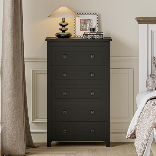 Image of Wodeer Black Dresser Tall 5 Drawer Dresser for Bedroom, Wooden Dressers & Chests of Drawers with Metal Handles, Modern Storage Cabinet and Organizer Drawers for Bedroom, Hallway, Entryway