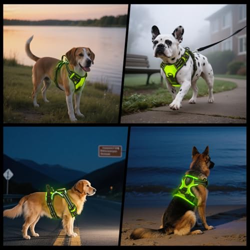 AUAUY Hundegeschirr Leuchtend, Einstellbar Leuchtgeschirr LED Aufladbar Reflektierendes, 3 Modi Atmungsaktiv Leucht Geschirr, Beleuchtetes Led Geschirr für Klein Mittlere Große Hund, Grün-M