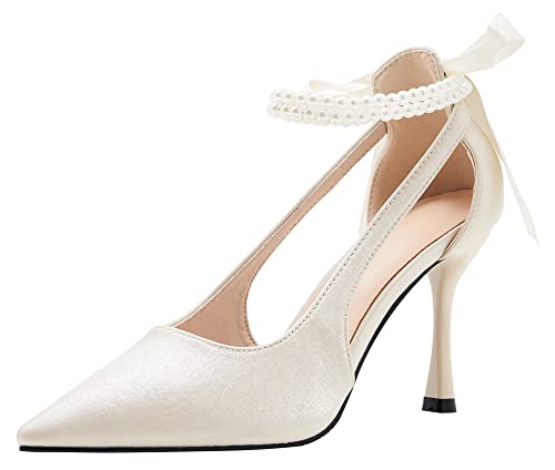 LizFoYa Women Satin Wedding High Heels Pointed Toe Bridal Pumps Heels Pearls Decorated Ribbon Sexy Heels