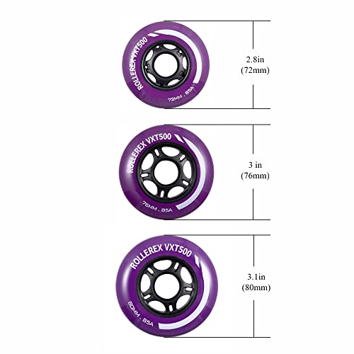 Image of Rollerex VXT500 Inline Skate Wheels 8-Pack - 85A Durable Roller Blade Wheels for Indoor & Outdoor Skating - Fits Standard 608 Bearings (Royal Purple, 76mm)