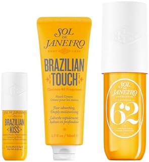Sol de Janeiro Purse Essentials Travel Size Bundle | Brazilian Kiss Lip Butter, Brazilian Touch Hand Cream and Cheirosa 62 Perfume Mist 3.0 fl oz.