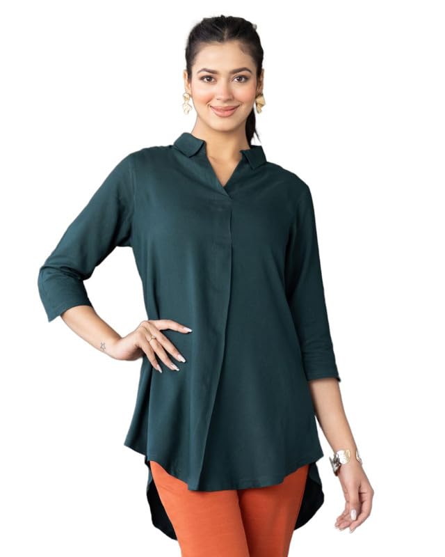 Image of Mlada Rayon Flare Top for Women | 3 /4th Sleeve Regular Fit and Flare Top | Women Office Tops Tunic | Western Long Shirt Top for Women | Shirt Collar Top for Women | Rayon Tunic Tops for Women Western