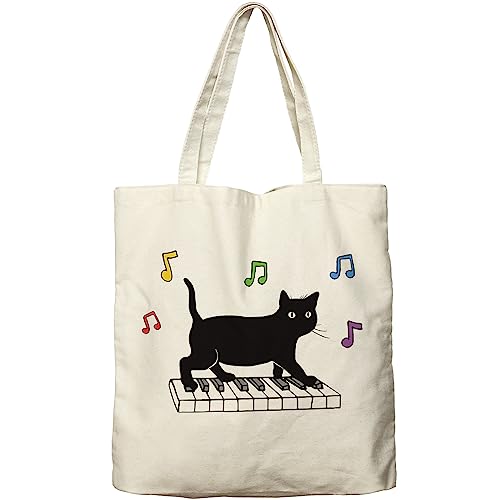 Dlzdn Black Cat Canvas Tote Bag For Women Aesthetic Funny Cute Cat Playing Piano Tote Bag Shopping Grocery Bag Beach Bag Gifts for Women Teacher Bag Reusable Grocery Bag