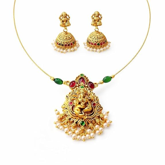 Traditional Gold Plated Lakshmi Temple Necklace Set with Invisible Chain & Jhumka Earrings | South Indian Antique Finish Pearl Drop Jewelry for Women-image-48