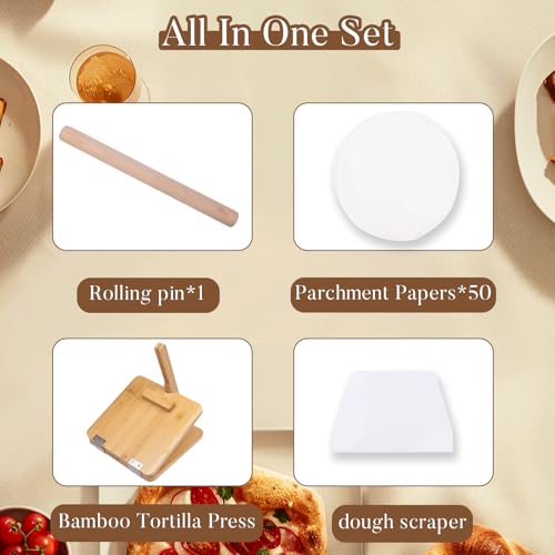 Premium Wooden Tortilla Press(Square 10\"),Tortilla Maker Press Set with 50 Pieces Parchment Paper, Rolling Pin,Dough Scraper,Easy to Use and Clean,Durable and Solid.