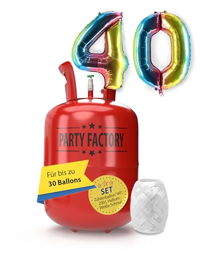 Party Factory – Helium Gasflasche 200L im Set mit XXL Zahlenballon 40 Regenbogen – Partydeko Ballongas Flasche mit Folienballon & 40 m weißer Ballonschnur – Einwegflaschen mit Knick-Füllventil