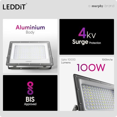 Image of Aster 100W LED Flood Light with 2-Year Warranty | IP66 Waterproof Outdoor Light for Garage, Garden, Shop, Parking | Cool White | BIS Approved | Pack of 5