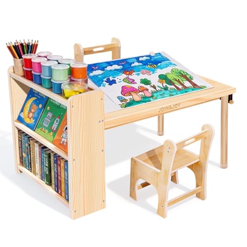 JOIN&JOY Children's Art Table and 2 Chair Set, Multifunctional Craft Table with Storage Shelves, Toddler Activity for Creativity, Drawing, Learning & Playtime