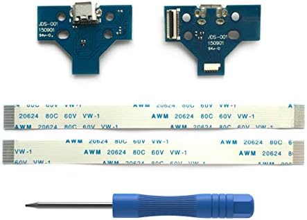 2PCs JDS-001 Replacement Charging Port Assembly for PS4 DualShock 4 Controller, Repair Part Micro USB Adaptor Charger Socket Board Connector Module, Flex Cable, Tool Screwdriver