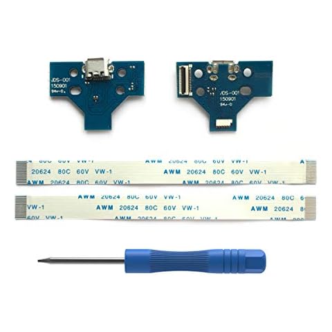 2PCs JDS-001 Replacement Charging Port Assembly for PS4 DualShock 4 Controller, Repair Part Micro USB Adaptor Charger Socket Board Connector Module, Flex Cable, Tool Screwdriver Cover