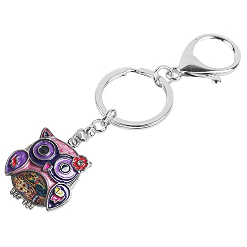 Enamel Alloy Anime Flower Owl Keychain Bird Keyring Fashion Jewelry For Women Girls Charm Gift Purple 28Mm X 28Mm #TOP2