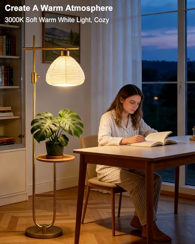 Image of 66IN Dimmable Gold Floor Lamps with Storage Table, Modern Standing Tall Lamp with Milky White Lampshade, Cross-Shaped Lamp Head and U-Pole Base Style for Living Room /Bedroom