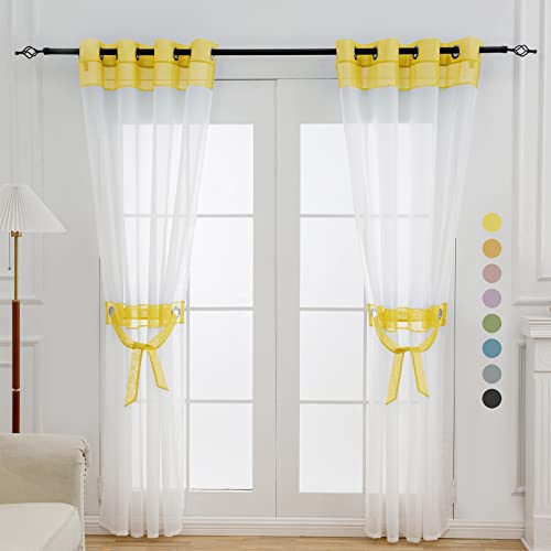 L.Z.E Yellow and White Sheer Curtains 63 Inch Length 2 Panels White Sheer Curtains for Living Room Bedroom with Tiebacks Grommet Top Lightweight Window Curtains & Drapes (56" W x 63" L)